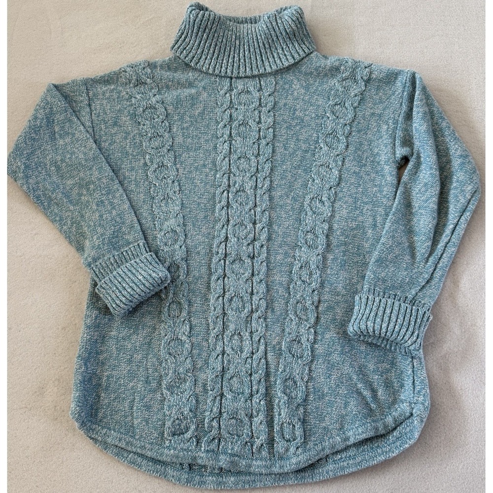 LL Bean Cable Knit Fisherman's Turtleneck Sweater Womens M Heather Blue Cotton